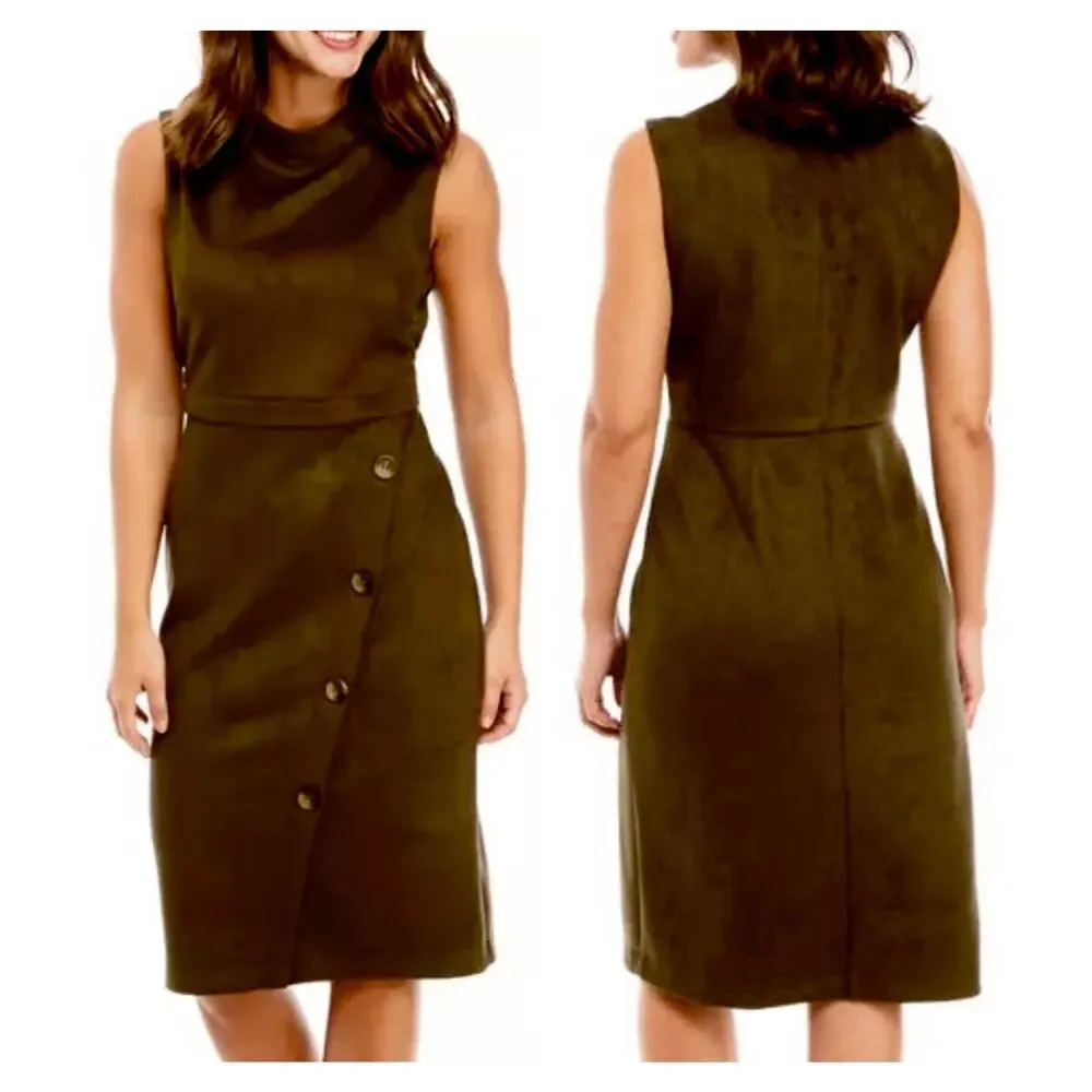 Emma & Michele Brown Faux Suede Sleeveless Dress Mock Neck Button Detail 10 - Picture 1 of 7
